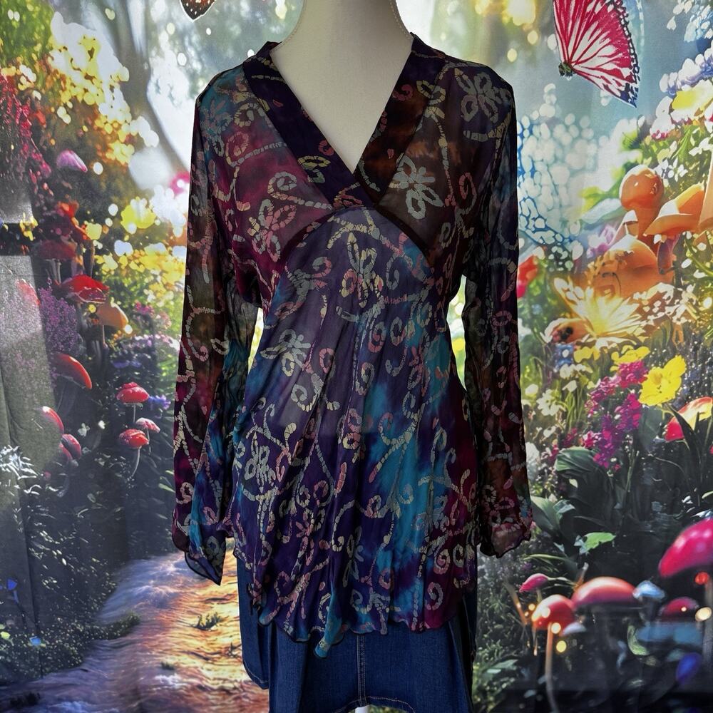 VTG Y2K Womens S Silk Rainbow Sheer Baby Doll Top Fairy Hippie Boho Grunge Gypsy